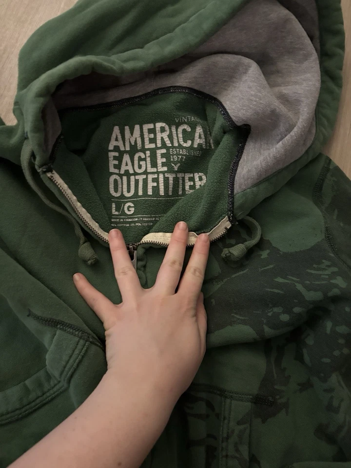 Moletom com capuz American Eagle Y2k masculino skatista tamanho grande verde com zíper - Imagem 3 de 3