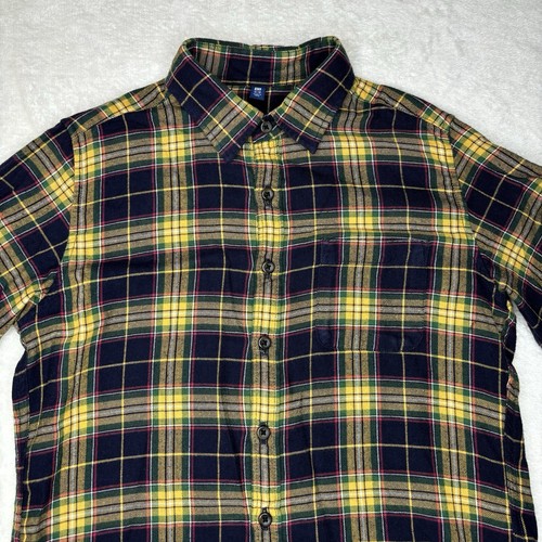 Uniqlo Flannel Shirt Kids Size 11-12 LS Button Up Cotton Plaid Yellow Navy - Picture 5 of 18