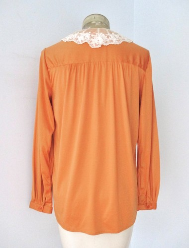 Blusa Top Cuello Encaje 34 De Colección Años 60 70 Caqui Calabaza Poli Tejido Botón - Imagen 5 de 8