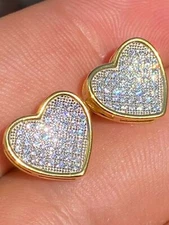 14K Gold Plated Real 925 Silver Heart Earrings CZ Studs Iced Screw Back Aretes
