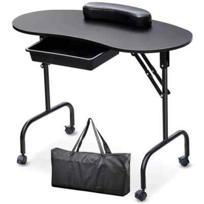 Smile Mart Folding Manicure Table with Lockable Wheels with Wrist Cushion Bag, B