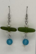 Blue and Green Sea Glass Beachy Pierced Earrings Dangling