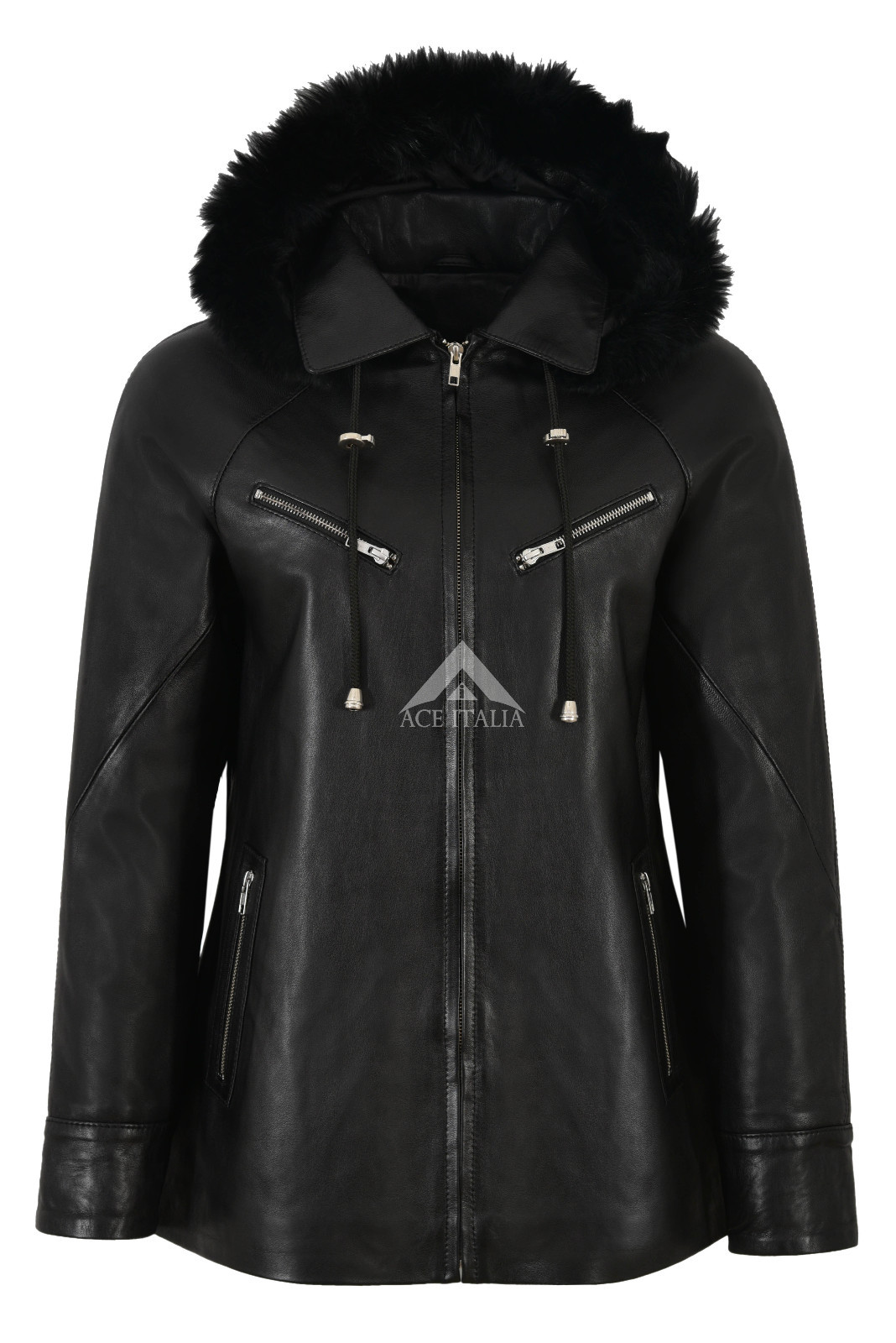 Women Hooded Leather Jacket Fur Hooded 