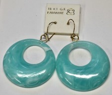 VINTAGE PIERCED EARRINGS LIGHT AQUA PLASTIC HOOPS GOLD FILLED WIRES 1970  AS