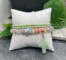 3 PC Handmade Boho Beaded Stackable 7  Plus Stretch Bracelet Set New B2417