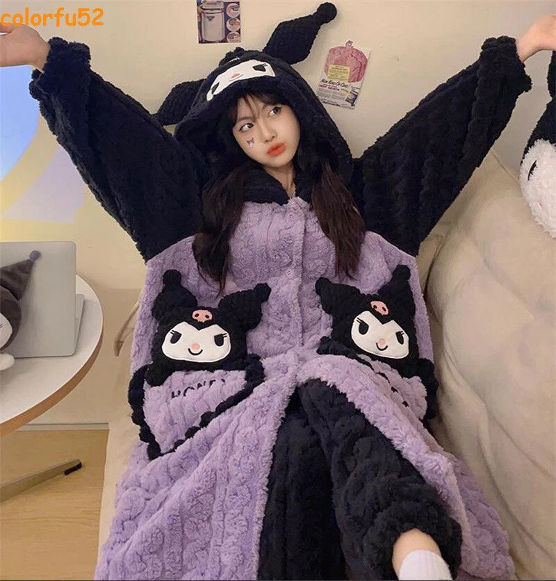 Kawaii Kuromi Coral Fleece Sleeping Robe Pants Women Winter Pajamas Home Wear - Image 2 of 4