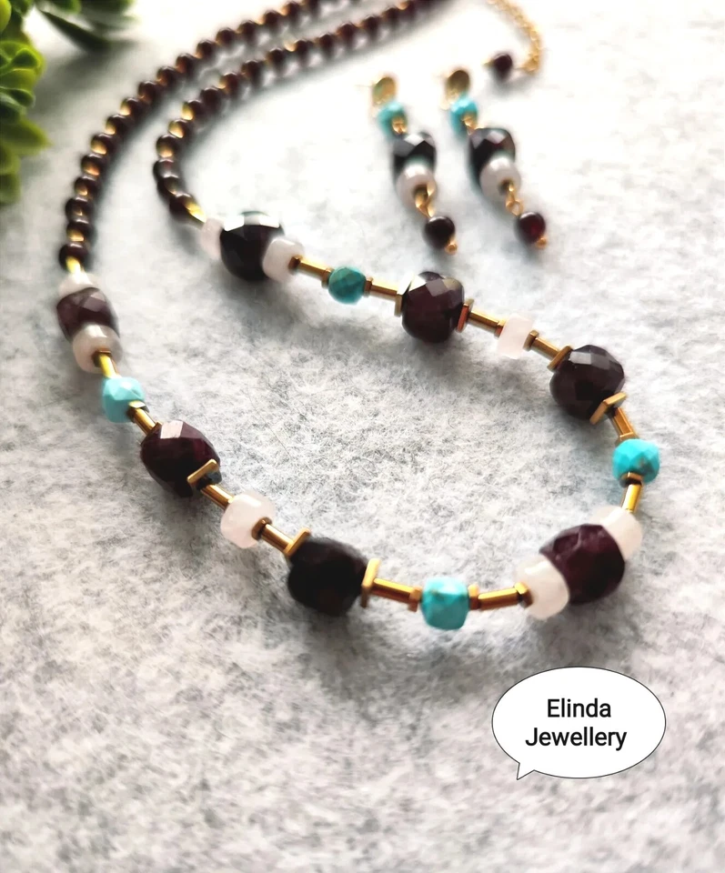 Schmuck Set Ohrhänger Collier Edelstein Granat - Bild 2 von 4