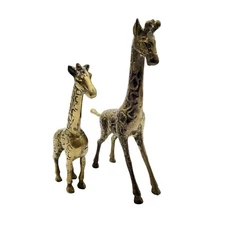Vintage Pair of Brass Giraffe Figures 7.5" &  6" Necks Extended Up