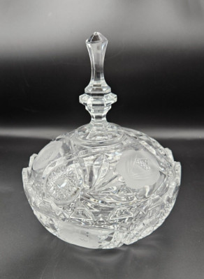 Vintage Clear Etched Crystal Floral Round Candy Dish w/Lid Approx. 8.25''H