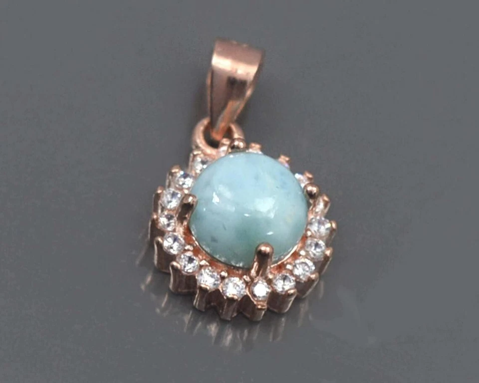 18K Oro Rosa Blu Larimar Rotondo Gemma 925 Argento Sterling Donna Gioielli Set - Immagine 3 di 4