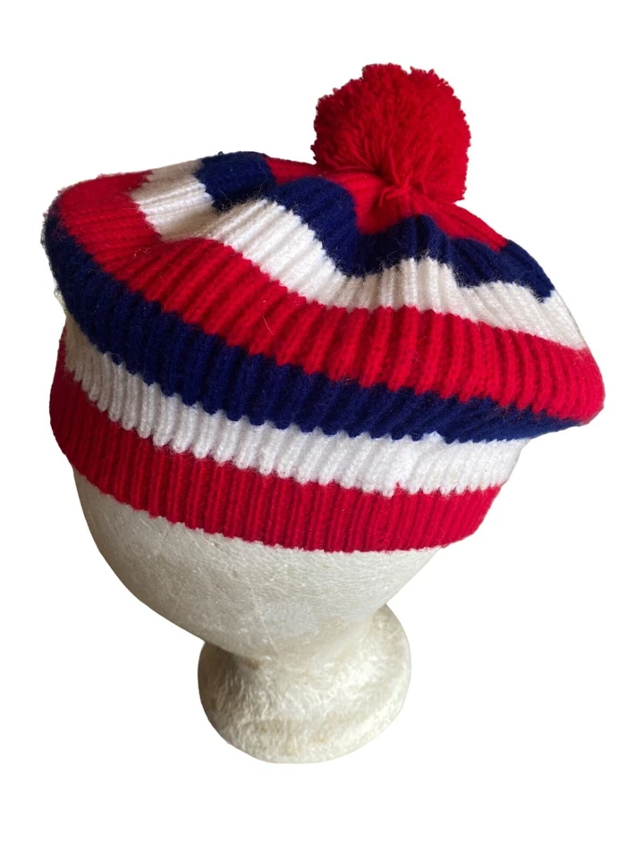 Vintage 1970's Red White Blue Knit Pom Pom Beret One Size - Image 3 of 4
