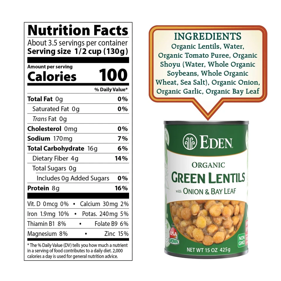 Eden Organic Green Lentils with Onion & Bay Leaf, 15oz Can (6-Pack) - Non-GMO - Image 2 of 4