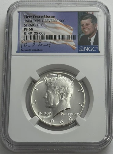 1964 NGC PF68 Proof Type 1 Straight G Silver Kennedy Half JFK Coin Signature 50c