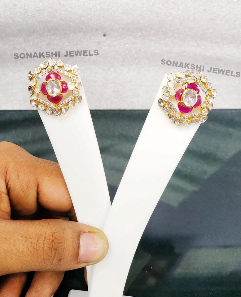 Pendientes Polki y Piedra Verde Diamante Plata de Ley 925 Diseño Hecho a Mano Foto 3 de 4