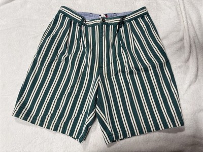 VINTAGE TOMMY HILFIGER MENS SZ 36 STRIPED PLEATED FRONT GREEN & WHITE SHORTS 
