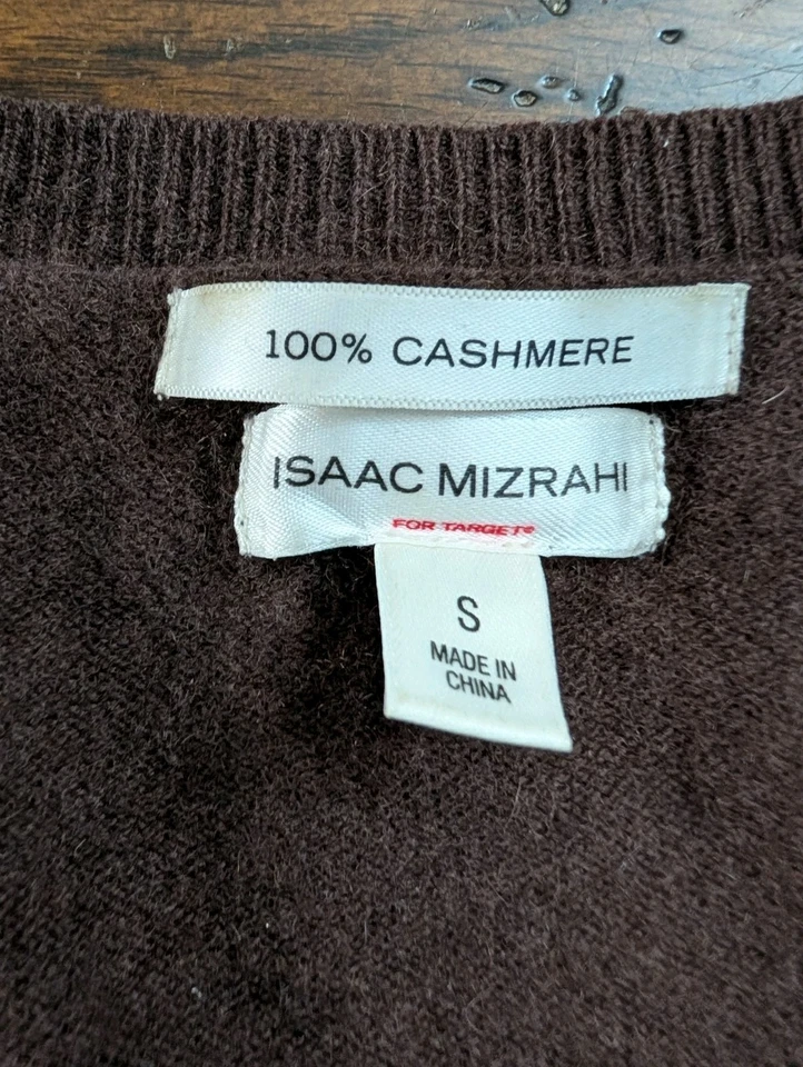 Suéter ISAAC MIZRAHI 100% Cachemira S Marrón Oscuro Chocolate Cuello en V Lujo  Foto 2 de 4