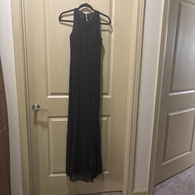 Formal Black Silk Beaded Evening Gown By Cache With Ten  Inch Slit In The Back