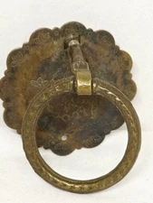 Small 1900s Aged Dark Brass Plated Drop Ring Pull Handle & Backplate 1 Antique