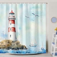 Nautical Lighthouse Shower Curtain, Coastal Beach Sailboat Shower Curtain