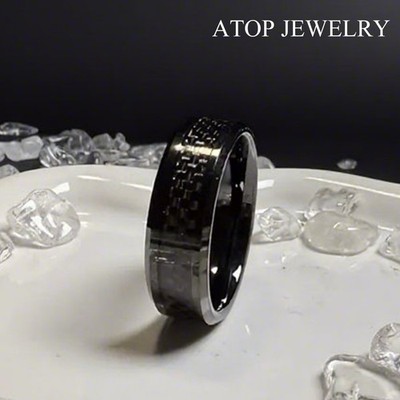 8mm Tungsten Carbide ring Black Carbon Fiber inlay Wedding Band mens jewelry