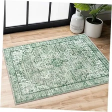 2x3 Washable Rug for Entryway, Sage Green Soft Traditional Printed Area Rug, 