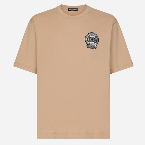 Dolce & Gabbana Logo Embroidery Cotton T-Shirt Men Beige Color