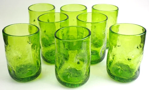 Set 8 Mid Century Mod MCM Blenko Glass Crackle Dimpled Green 418-S Tumblers