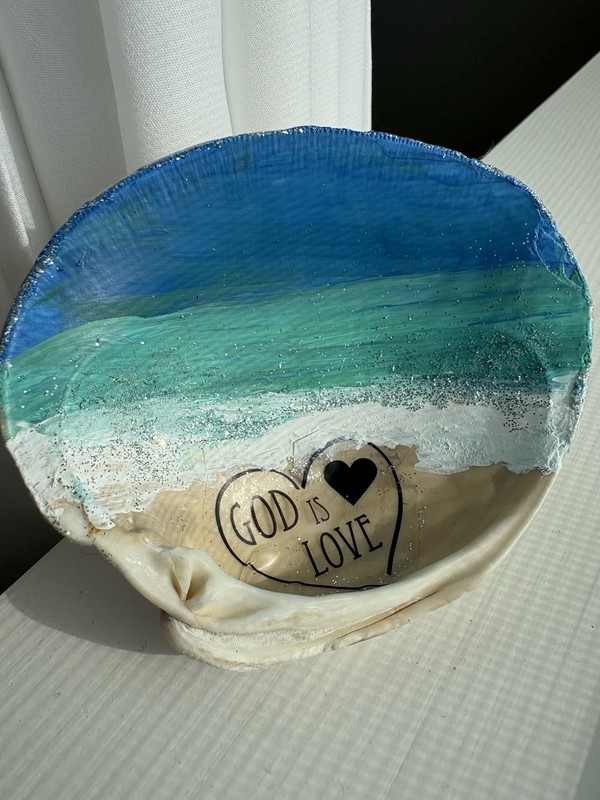 Hand Painted Clam Shell Art God Is Love Beach Coastal Christian Shelf Decor 