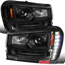 Fit 2002-2009 Chevy Trailblazer Black LED Strip Projector Headlights Headlamps