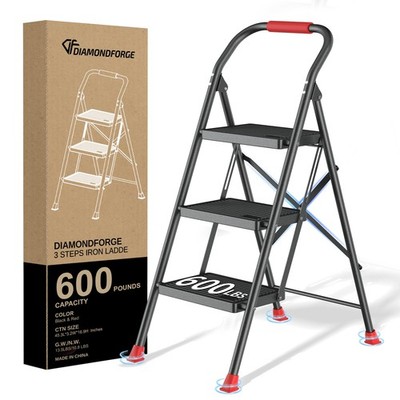 Step Ladder Foldable Folding Stool - for Home Adults 3 Step, Black and Red
