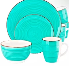 Dinner Set Turquoise Swirl Stoneware 4 Piece Set– Plate, Bowl, Mug & Dessert