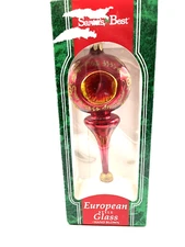 Vtg 7" Santa's Best European Hand Blown Indent Glass Ornament Red Gold Glitter B