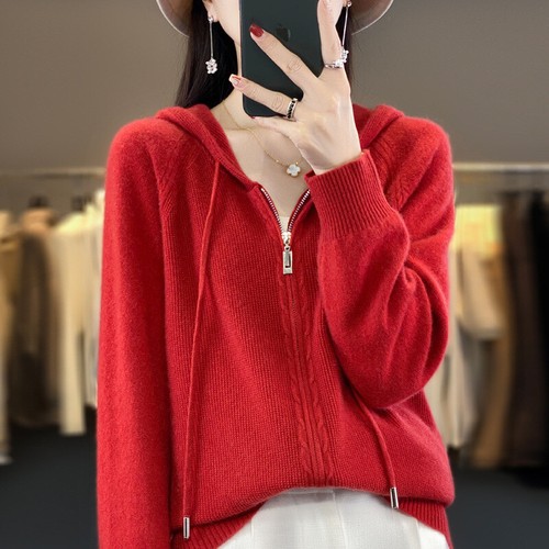 Women's Hooded Cardigan Loose Cashmere Sweater Women's Wool Coat Korean Knitwear - Picture 12 of 30