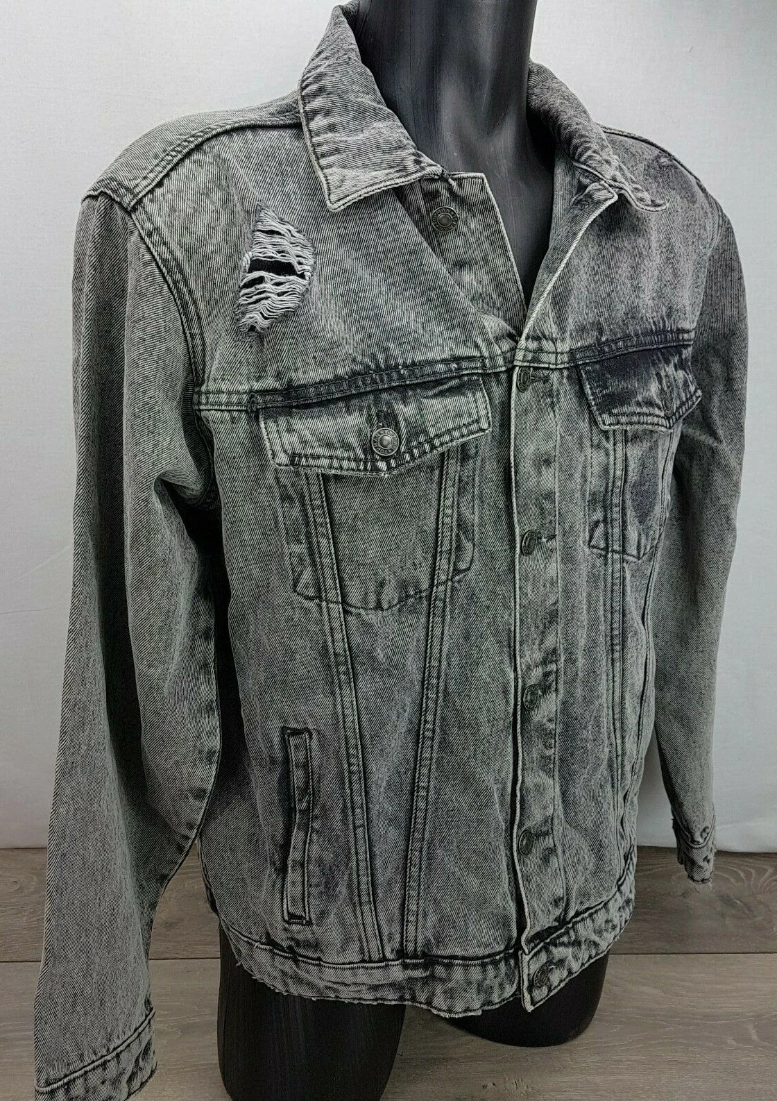 NEW Topman Grey Ripped Denim Jacket Considered Classic Fit Small