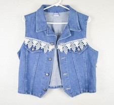 Vtg Watch LA Womens L Denim Blue Jean Vest Lace Trim 90s USA Made 100% Cotton