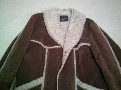 VTG JC Penney Leather Suede Shearling Sherpa Coat Mens 42 Brown Trucker 70s - Picture 3 of 14