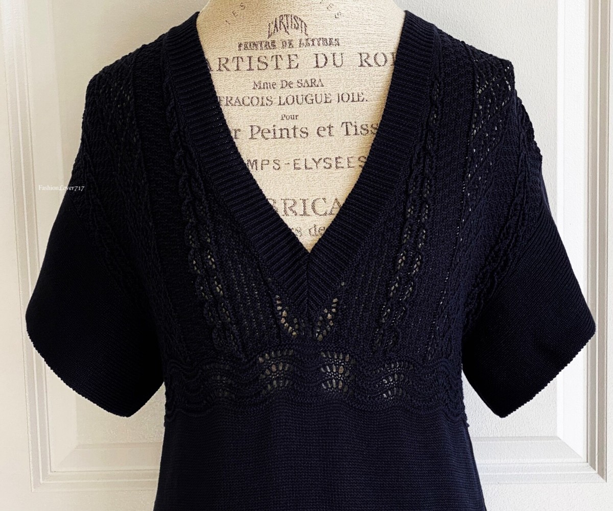 NEW CHANEL 18P NAVY BLUE KNIT CROCHET CC LOGO BUTTONS DRESS 34 XS