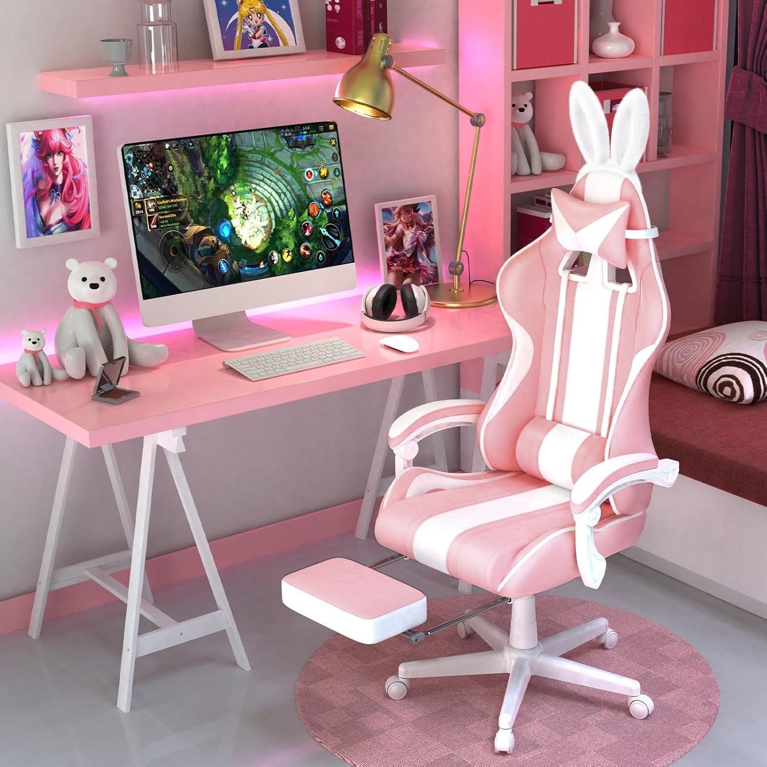 With Bunny Ears,ergonomic Cute Gamer Chair With Footre