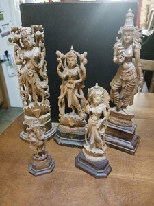 Lot Of 5 Masterfully Carved Vintage Sandalwood Statue India