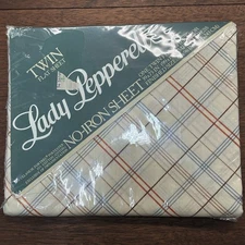 Vintage Lady Pepperell Muslin Twin Flat Sheet Orange Blue Tan Plaid Pattern NOS