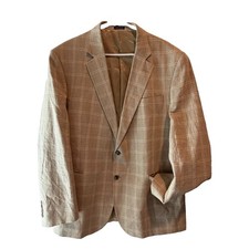 Stafford 46R Classic Fit Plaid Sport Coat Jacket Tan / blue Windowpane