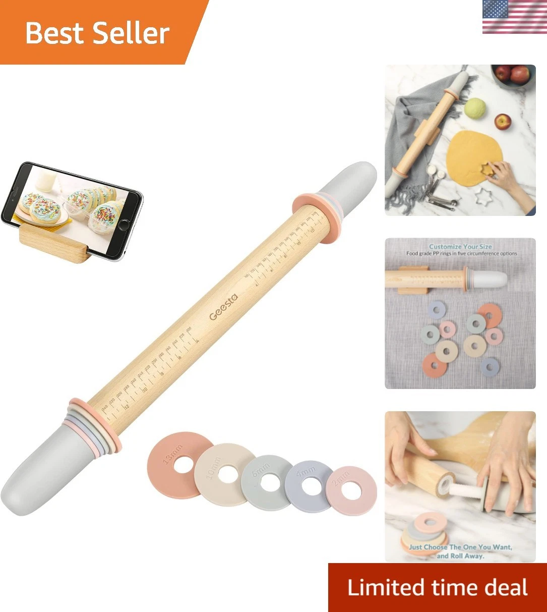 Adjustable Wood Rolling Pin with 5 Thickness Rings, Precise Dough Roller Hand...
Opens in a new wind