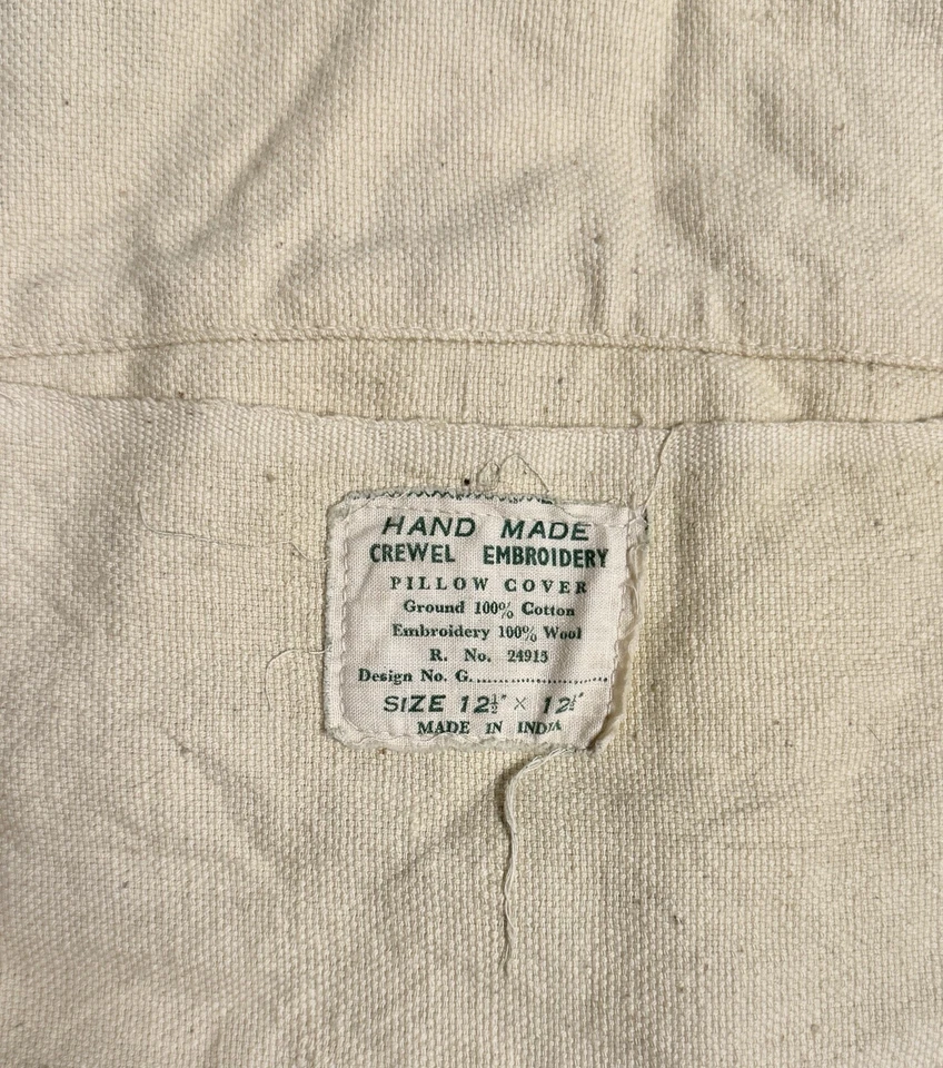 Vintage Floral Needlepoint Pillow Cover 12 In Round Circular MCM Blue Folk Art - Image 4 of 4