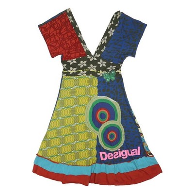 DESIGUAL Damen Rot & Blau Patchwork Baumwollmischung Tageskleid Kurzarm M