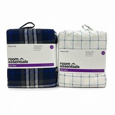 Room Essentials Twin XL Microfiber Sheet 2- Set Blue Plaid  White Grid Wrinkle