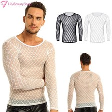Men's See Through Mesh Fishnet Long Sleeve Fitted Muscle Tops Club Wear T-Shirt