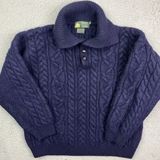 Peregrine 1/4 Button Sweater Navy Blue Pure Wool Cable Knit Pullover Women’s L