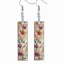 Boho Flowers Floral Dangle Bar Earrings Wood Handmade Bohemian Jewelry Gifts