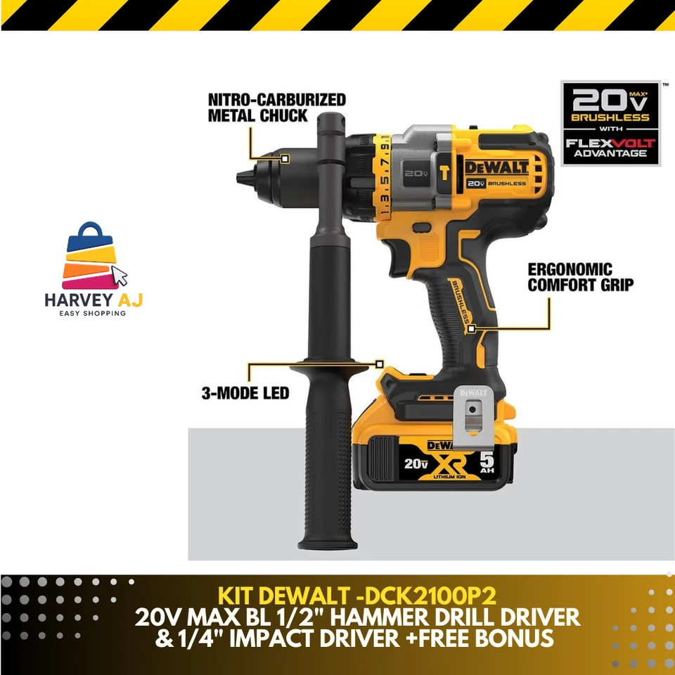 DEWALTD-DCK2100P220V MAX Flexvolt Hammer Drill / Impact Driver Combo Kit (5 Ah) - Image 3 of 4