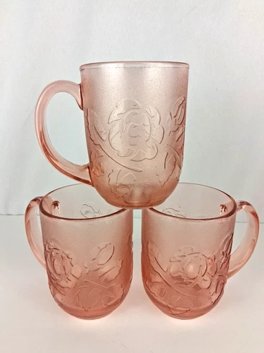 Vintage Arcoroc France Rosaline Pink Glass Rose Floral Coffee Cups Mugs Set of 3